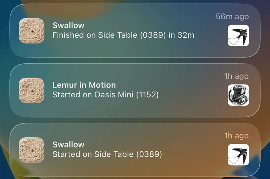 Three Sandform notifications showing a drawing finish and two drawing starts with pattern artwork