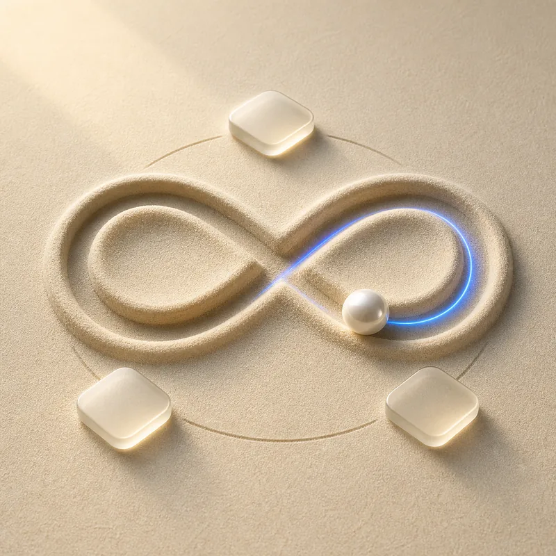 Sculptural illustration of a pearl following an infinite path through sand
