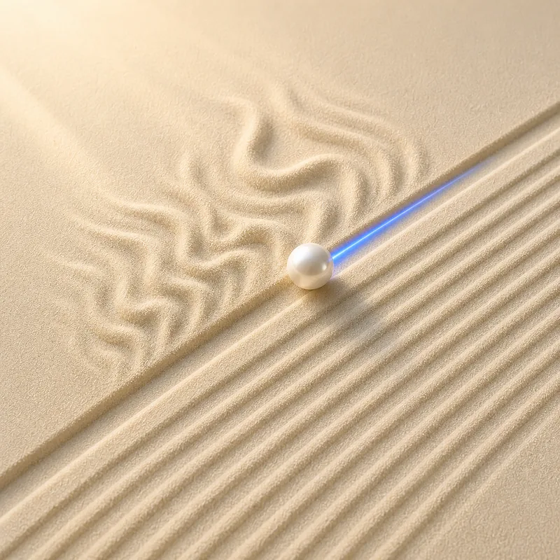 Sculptural illustration of a pearl rapidly turning tangled sand paths into clean lines