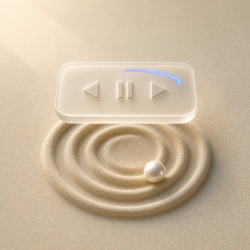 Sculptural illustration of a playback widget floating over a circular sand path