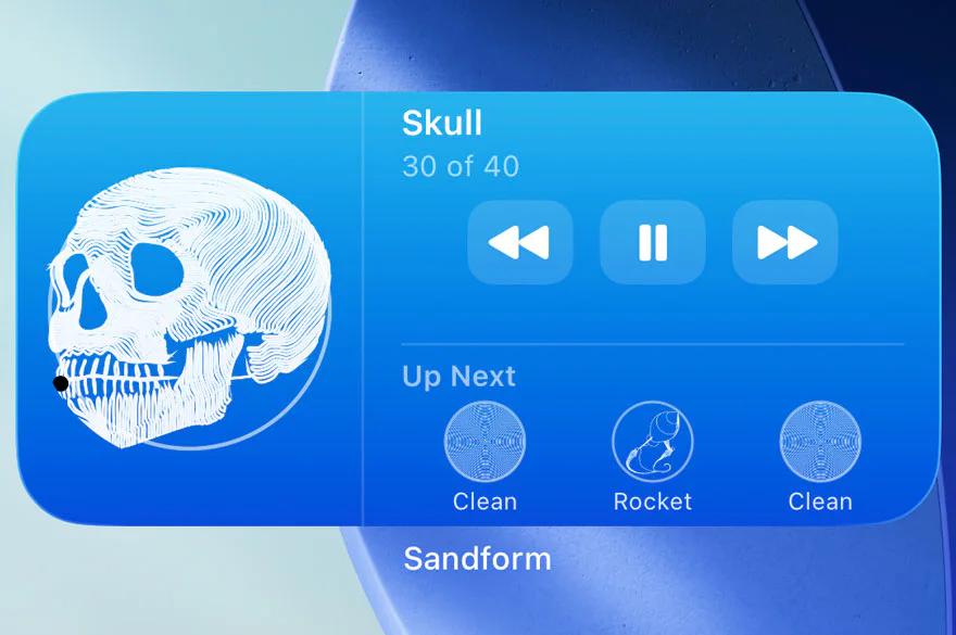 Sandform Home Screen widget showing current pattern progress, playback buttons, and three up-next items