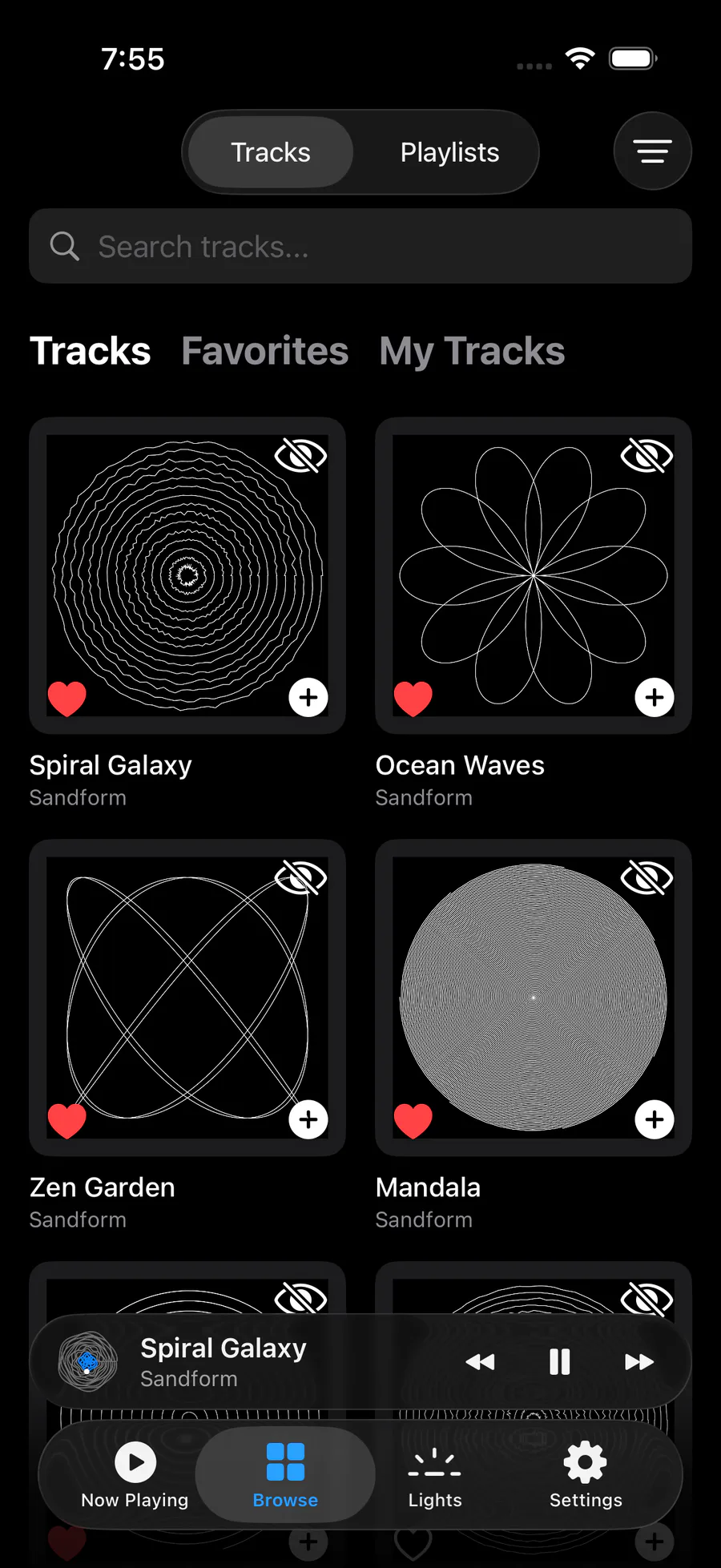 Sandform Browse screen with design search, favorites, and a gallery of sand patterns