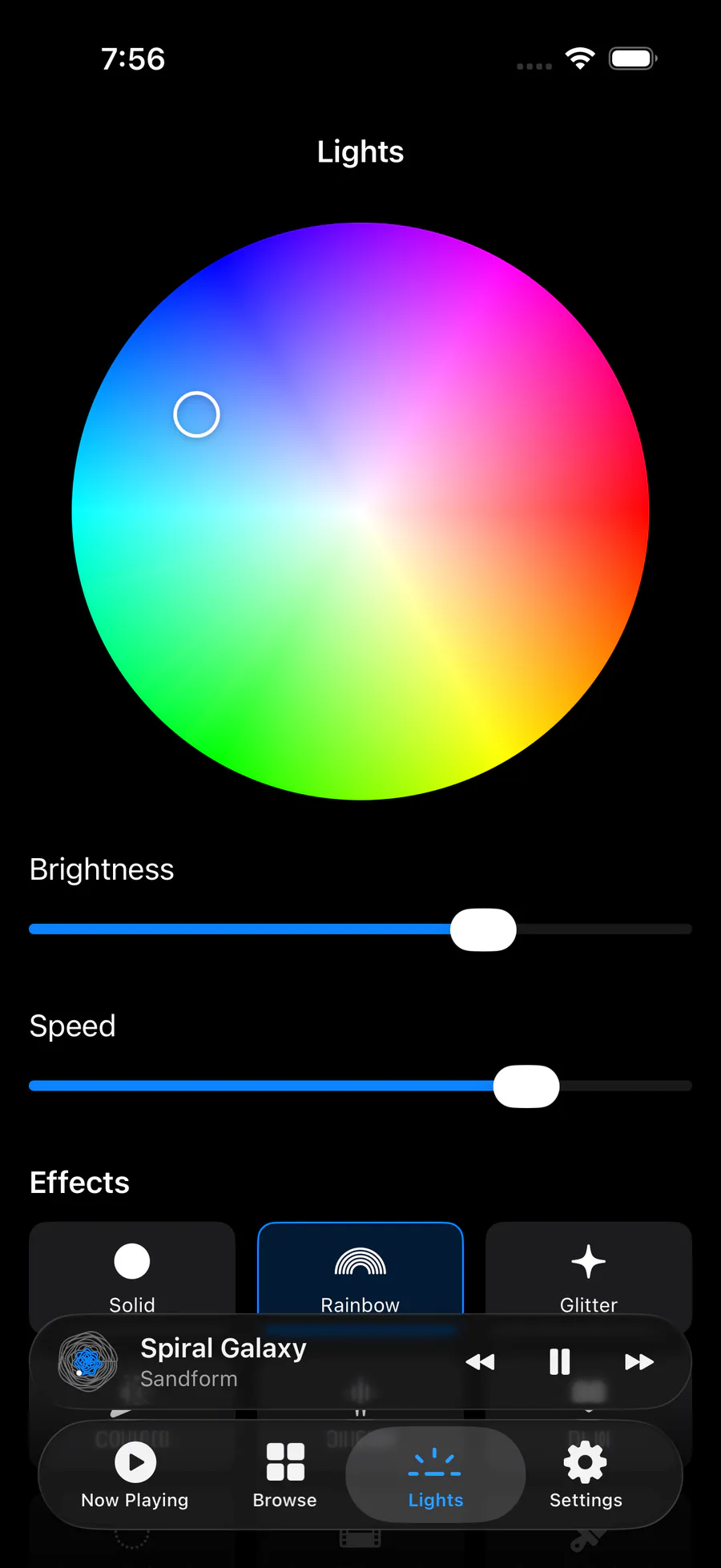 Sandform Lights screen with a color wheel, brightness, speed, and lighting effects