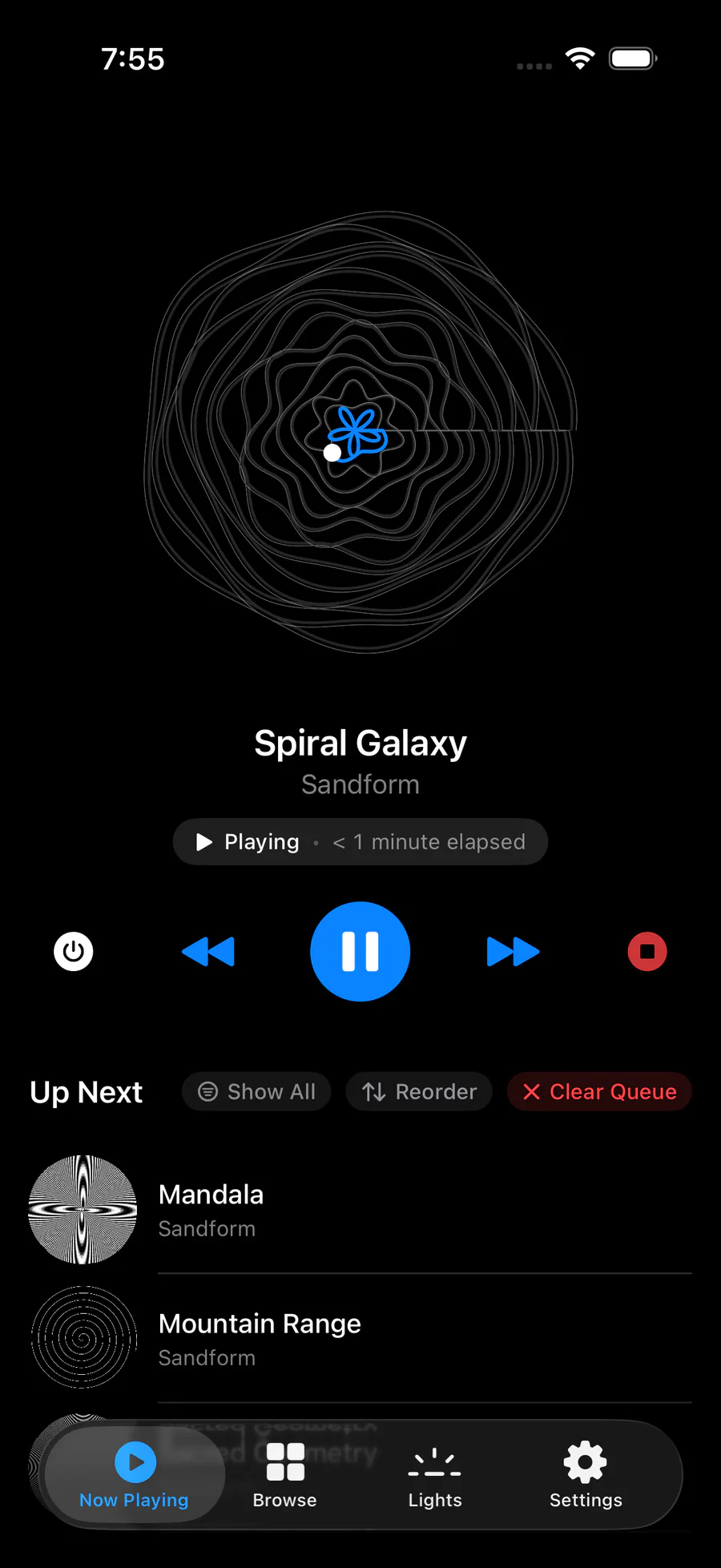 Sandform Now Playing screen showing live Spiral Galaxy drawing progress, playback controls, and the upcoming queue