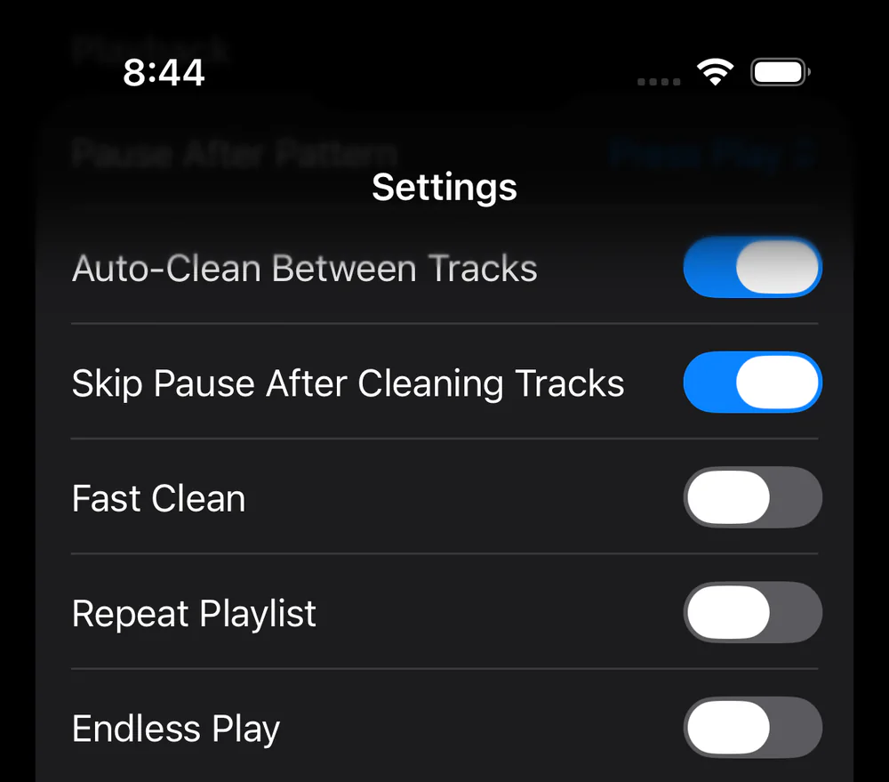 Actual Sandform Playback settings showing Auto-Clean, Skip Pause, Fast Clean, Repeat Playlist, and Endless Play controls