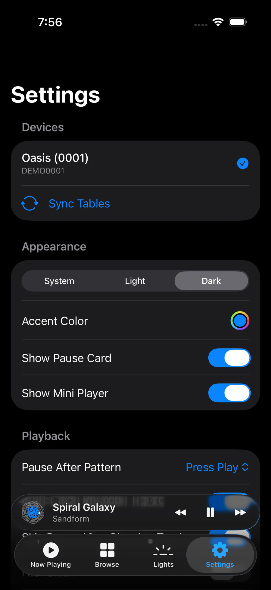 Sandform Settings screen with multiple table, appearance, playback, and schedule controls